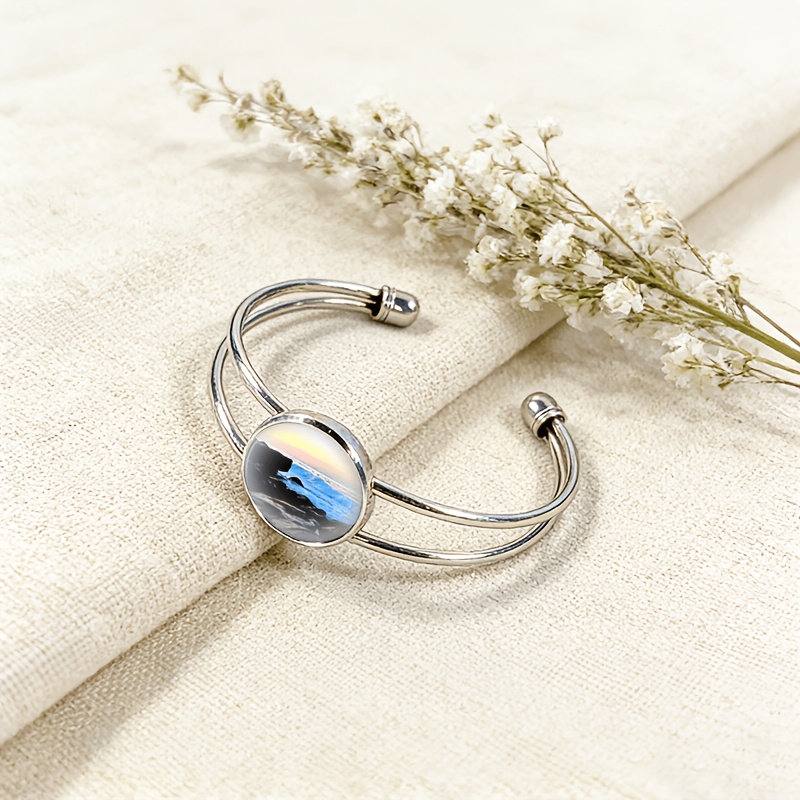 Women's Adjustable Open Bangle with Round Time Gemstone Inlay, Beach Sunset Design